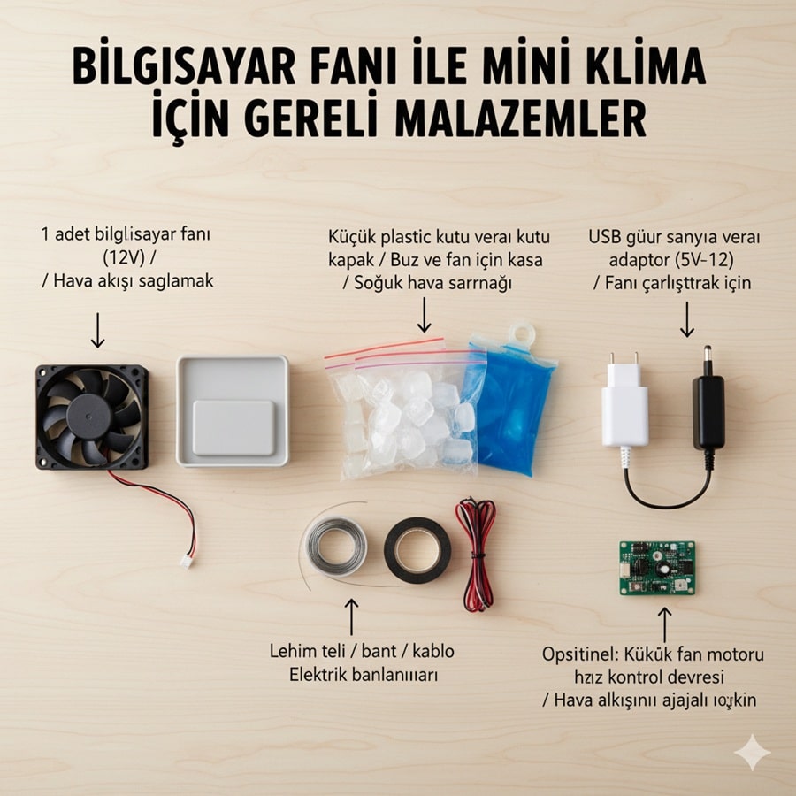 Bilgisayar Fanı İle Mini Klima İçin Gerekli Malzemeler